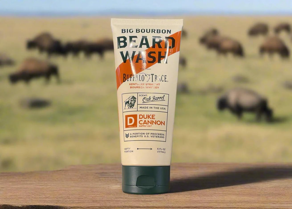 Duke Cannon Big Bourbon Beard Wash contains soybean oil for beard softness and conditioning