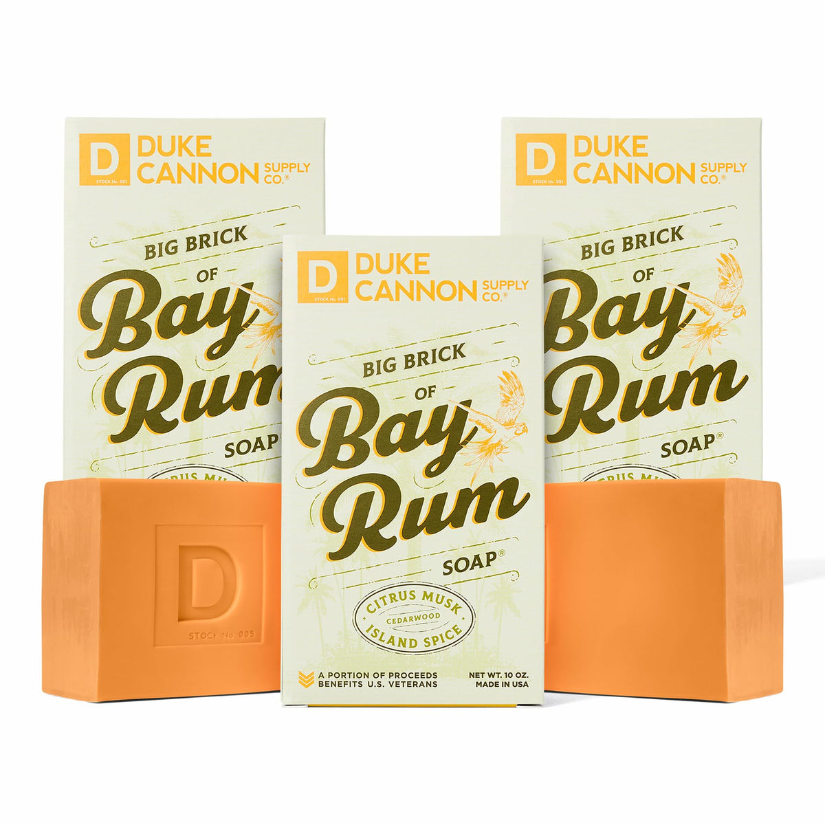Duke Cannon Bay Rum soap brick closeup for rugged cleansing.