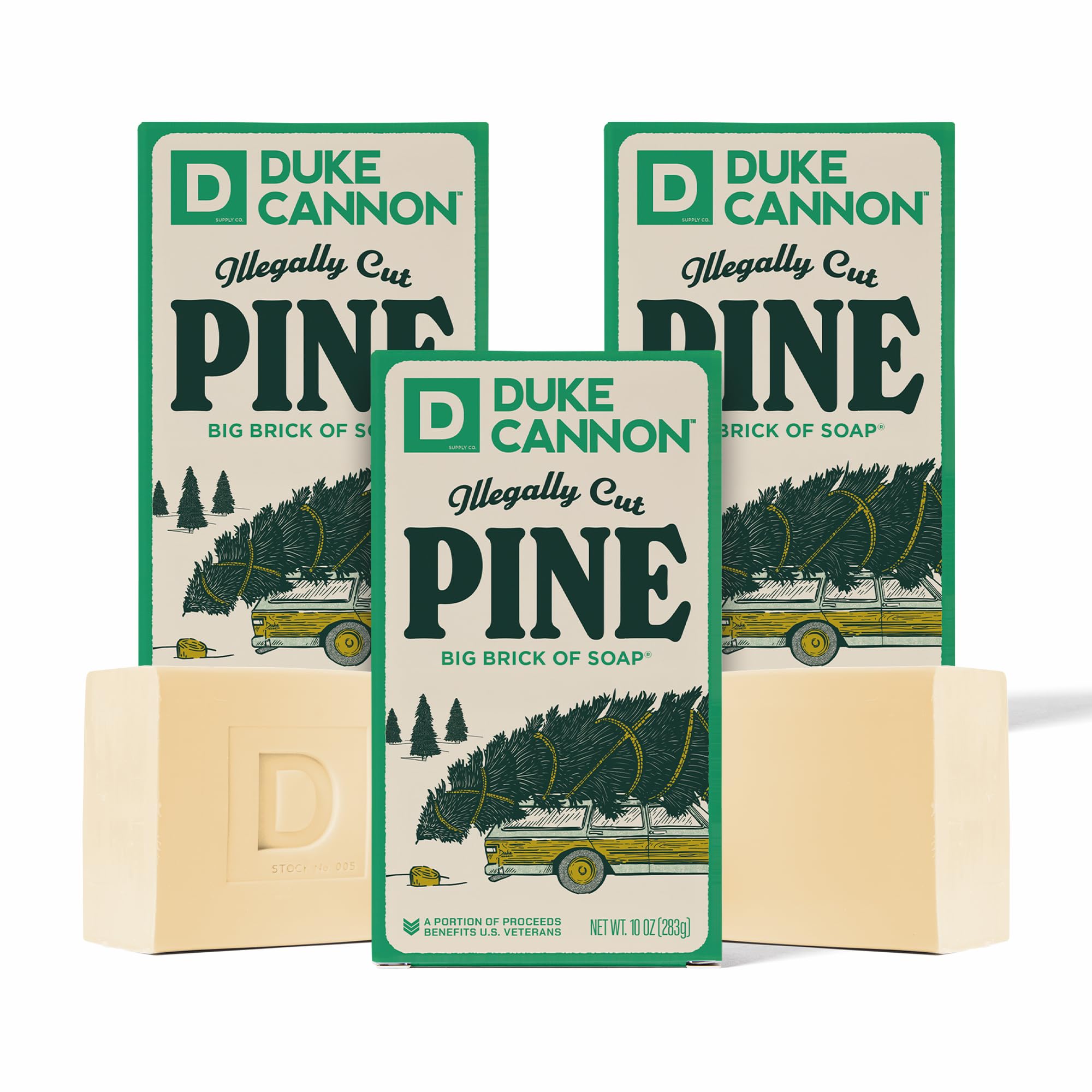 Duke Cannon Big Brick soap bar with pine scent for a refreshing start.