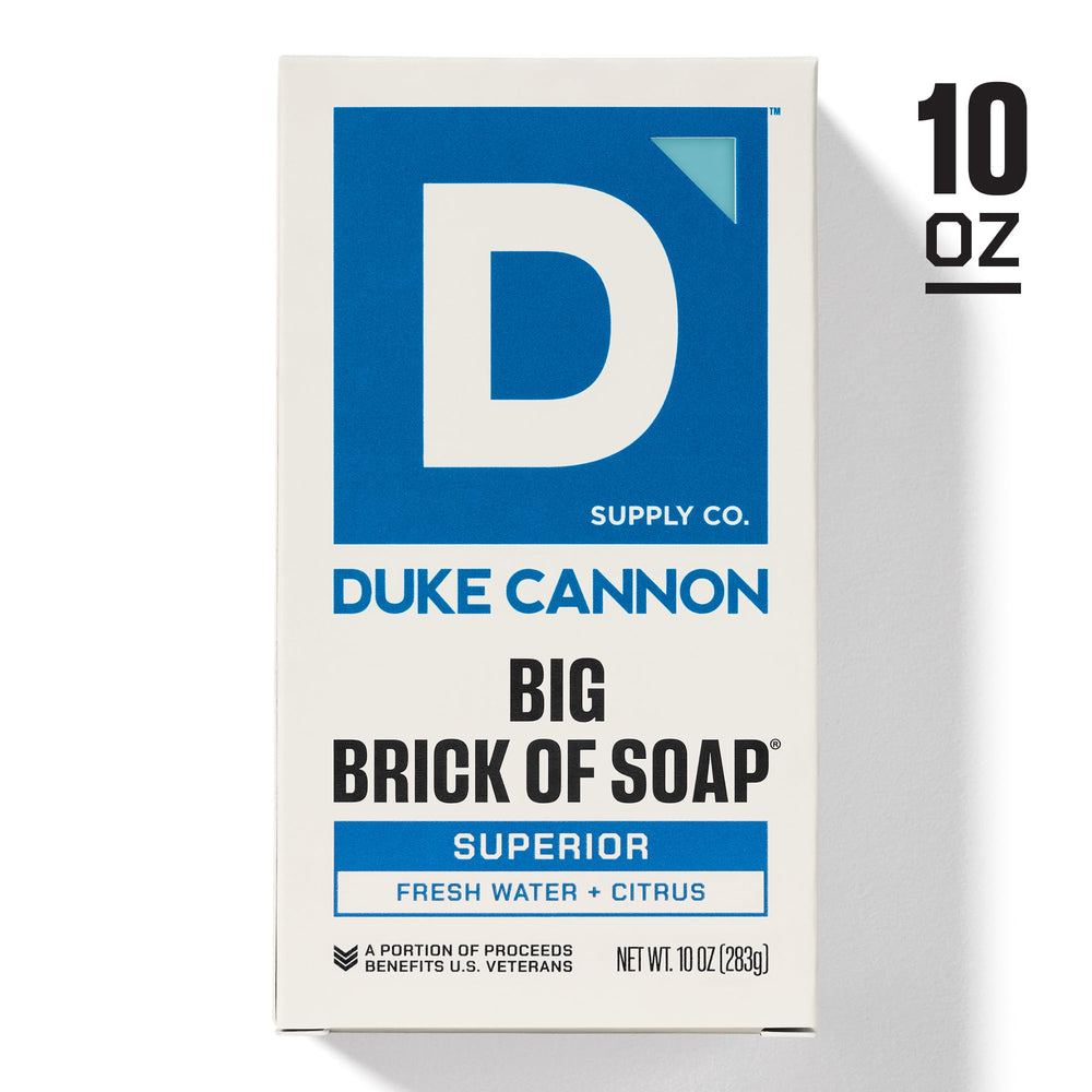 Large 10 oz Duke Cannon soap bar resting on rugged counter for daily use