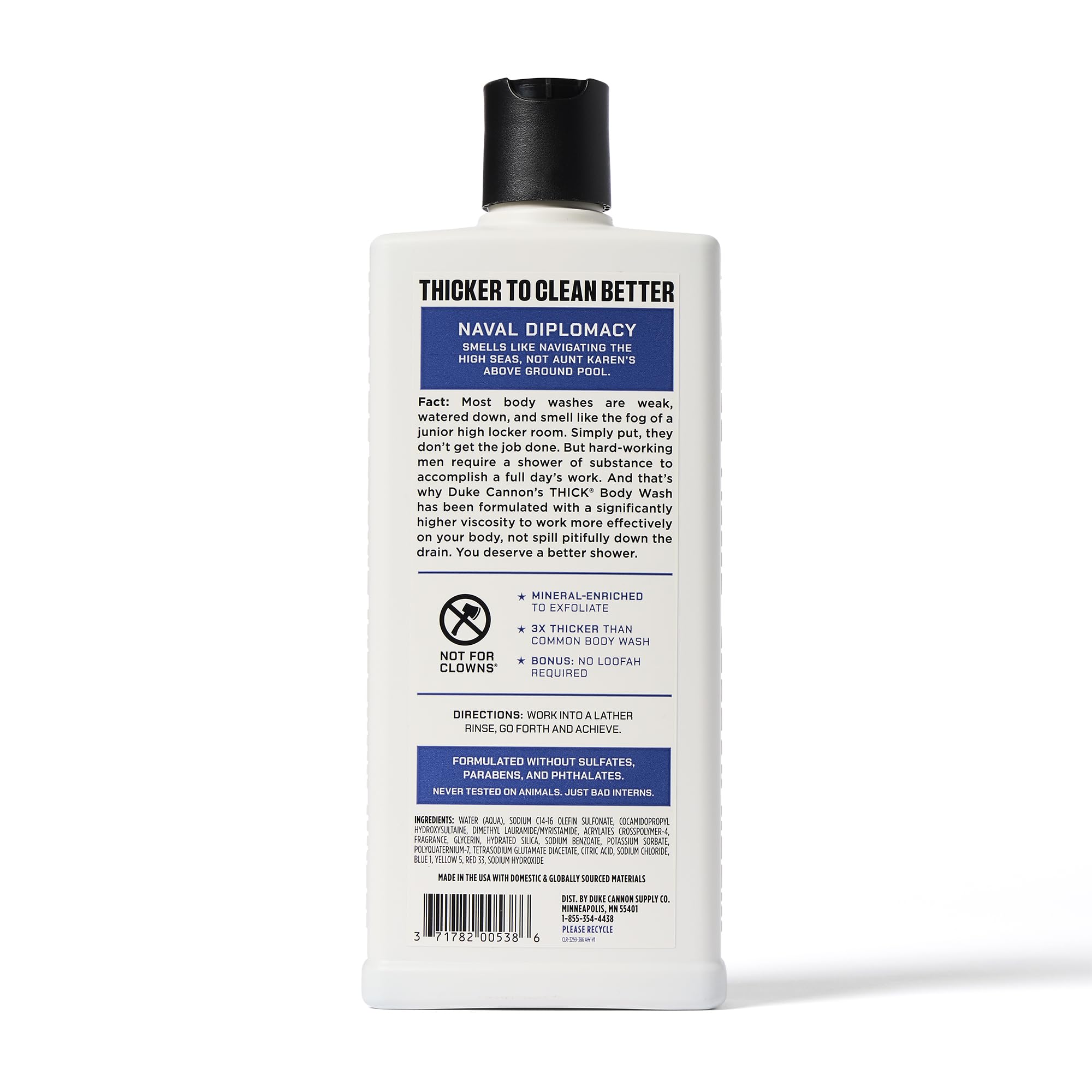 Closeup of Duke Cannon 3X thick body wash bottle for a strong lather.