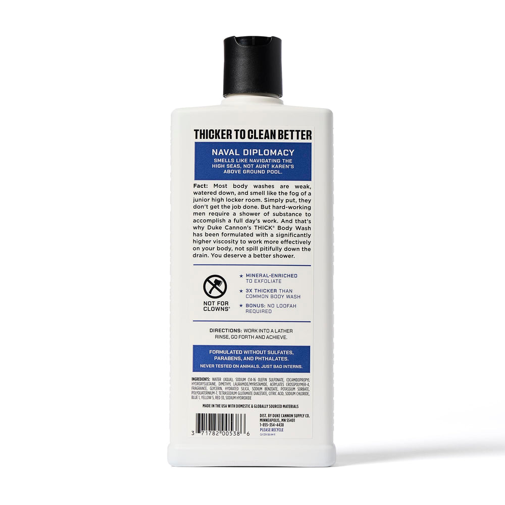 Closeup of Duke Cannon 3X thick body wash bottle for a strong lather.