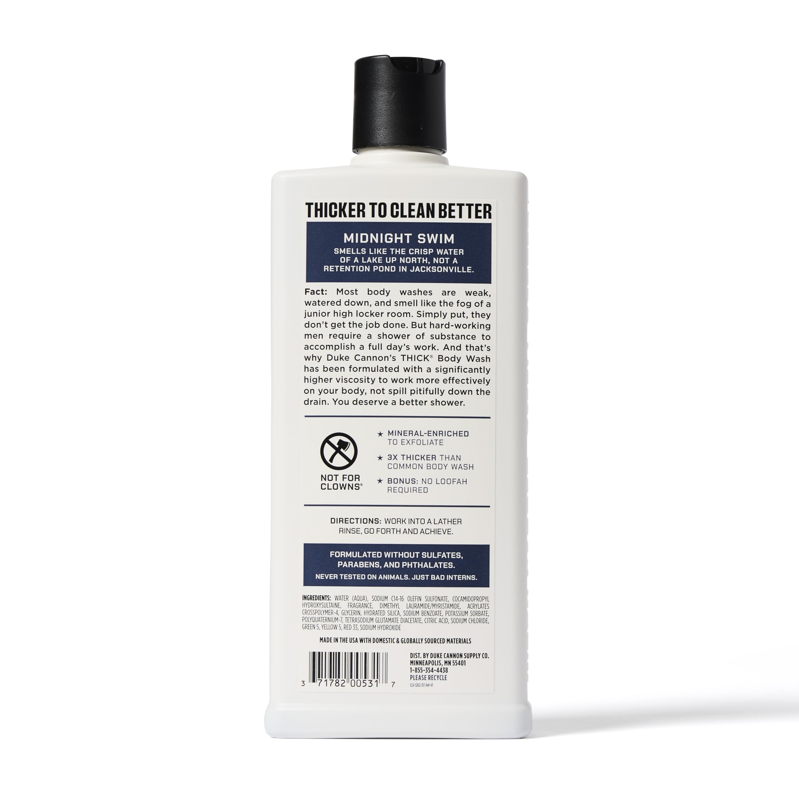 Duke Cannon plant-based formula highlighted for gentle hydration and skin support.