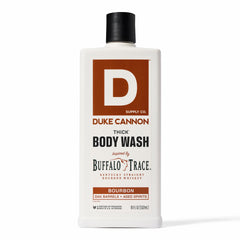Duke Cannon Bourbon Body Wash bottle front shows premium packaging and bold scent
