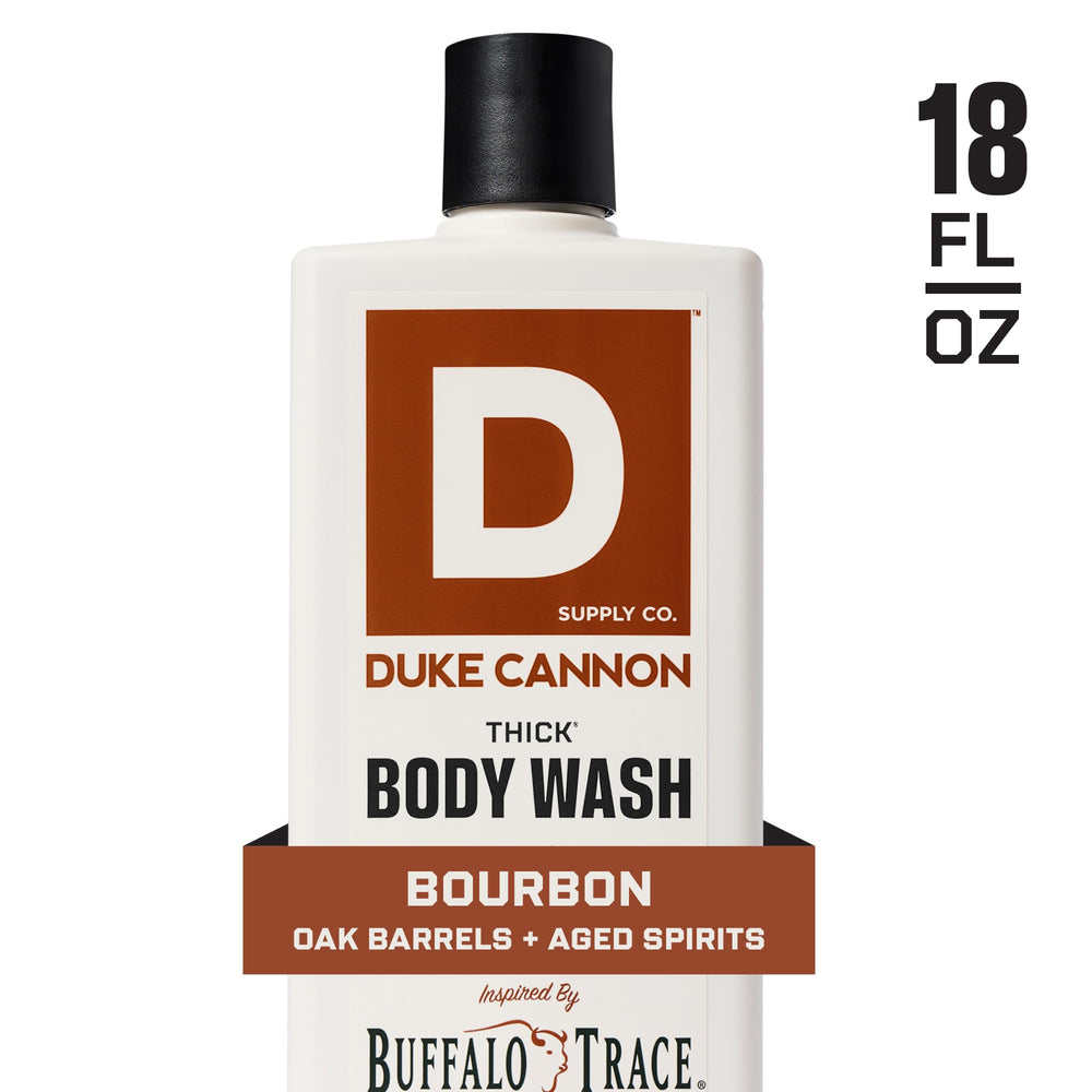 Duke Cannon Bourbon Body Wash label detail highlights scent and usage notes