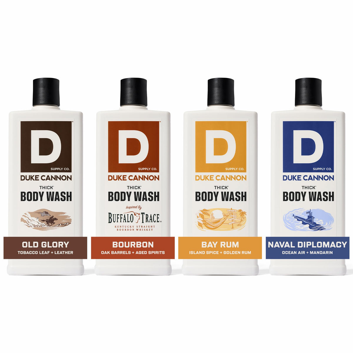 Duke Cannon Bourbon body wash bottle with rugged fragrance for daily cleansing.