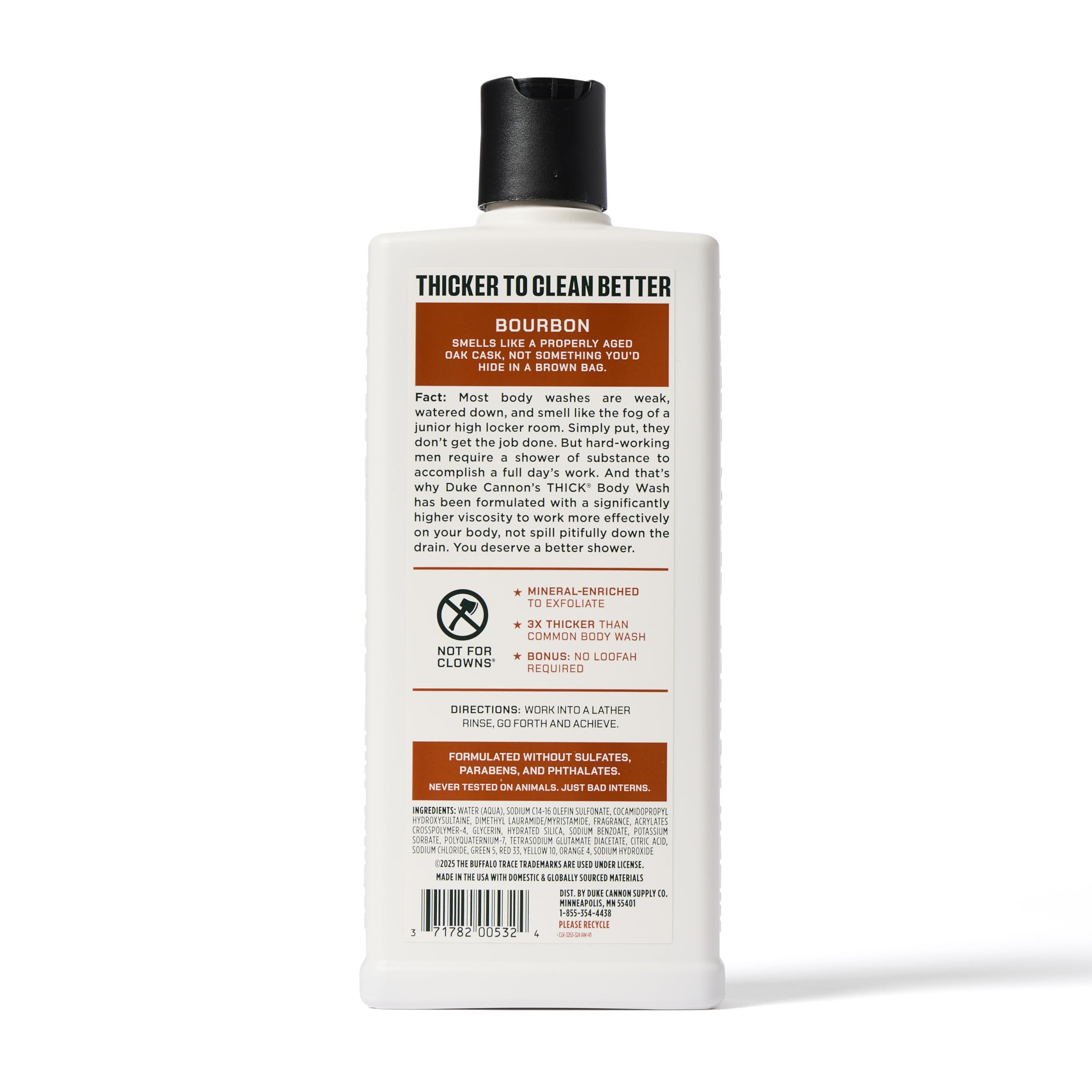 Duke Cannon brand logo on bottle reinforces American-made craftsmanship.