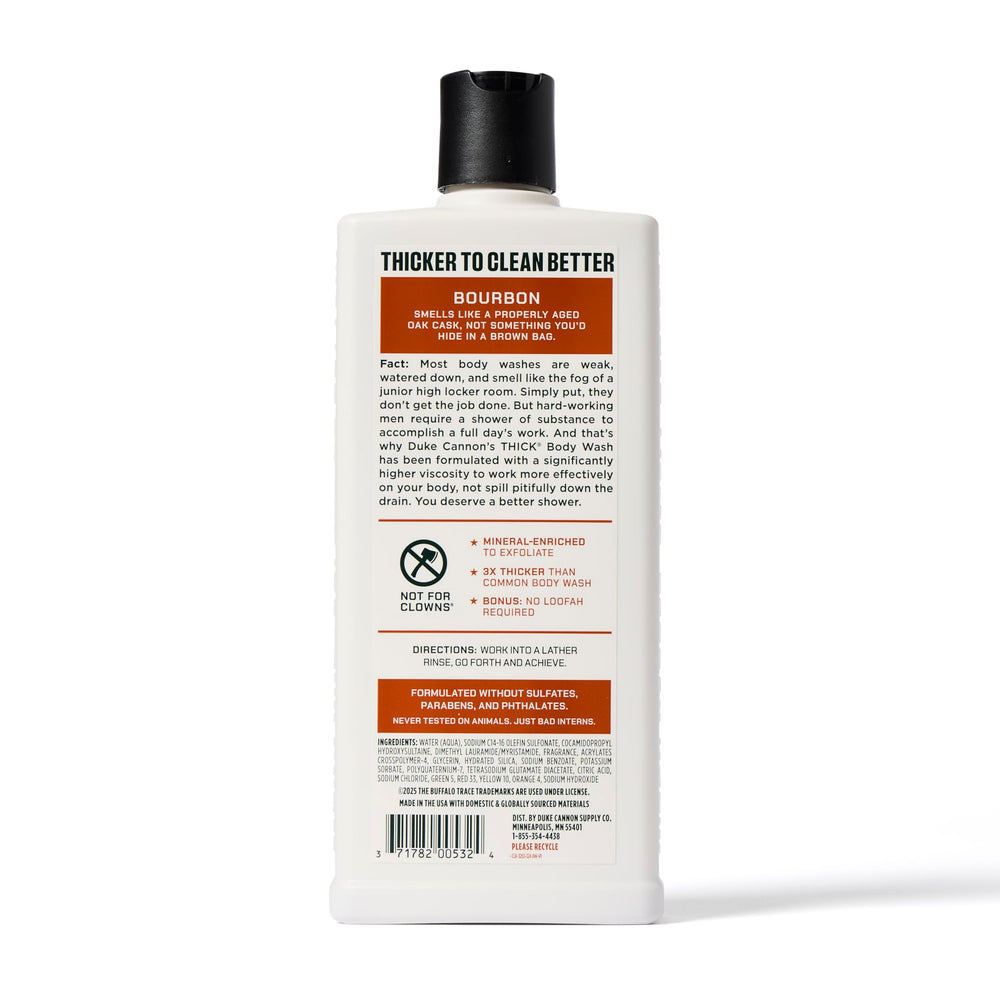 Duke Cannon brand logo on bottle reinforces American-made craftsmanship.