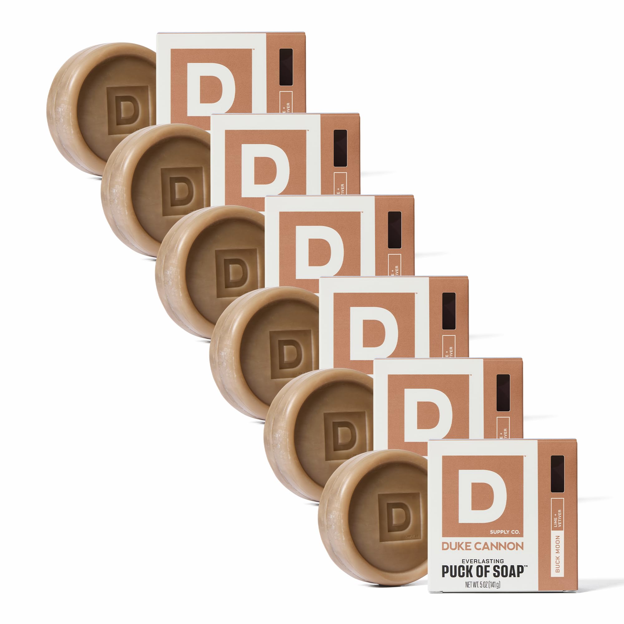 Duke Cannon Buck Moon bar puck six-pack delivers lasting hydration and bold fragrance.