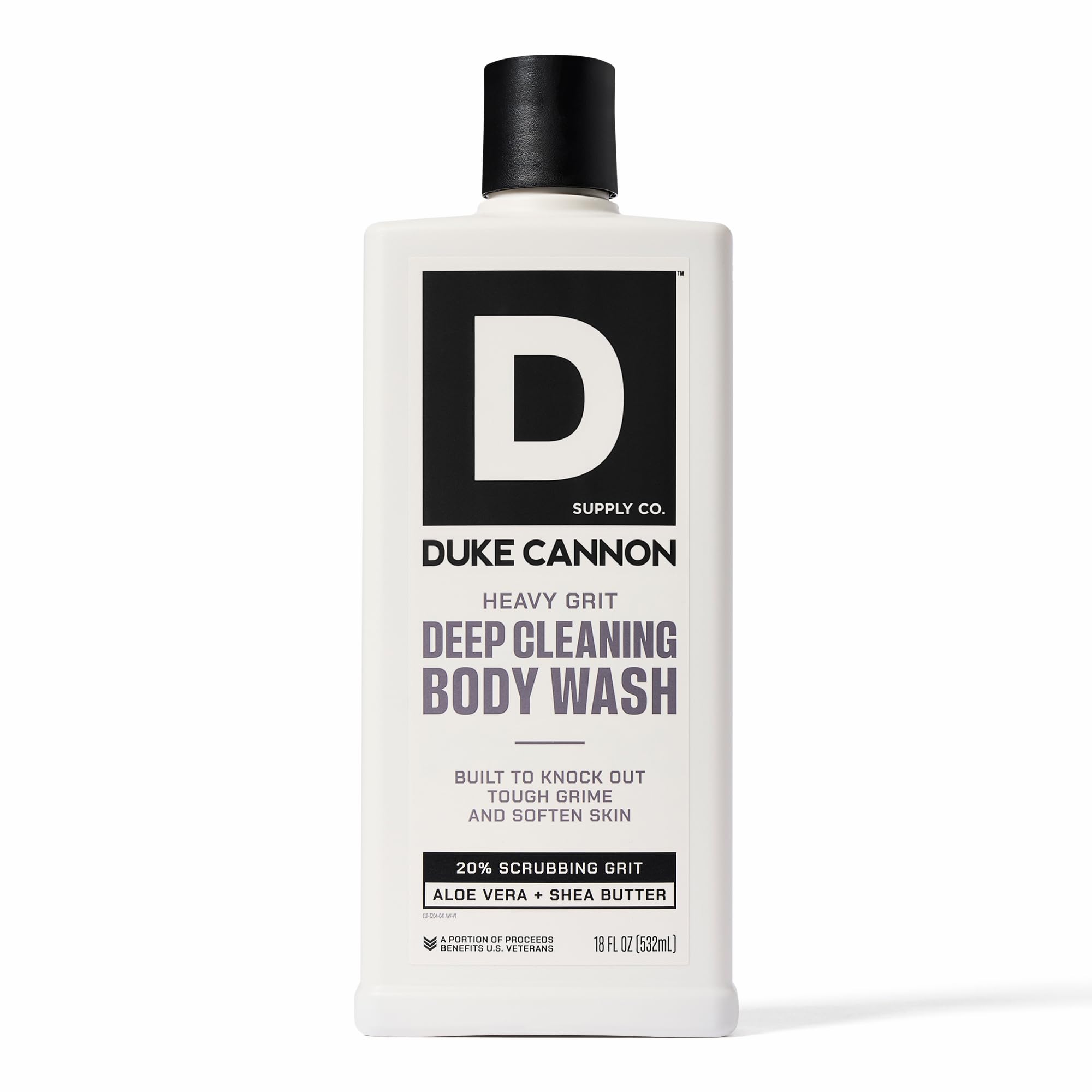 Duke Cannon Heavy Grit Body Wash bottle ready for rugged dirt removal.