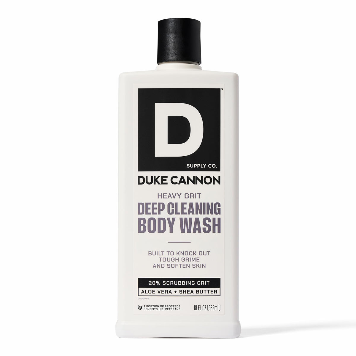 Duke Cannon Heavy Grit Body Wash bottle ready for rugged dirt removal.