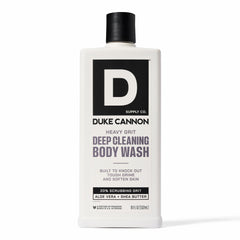 Duke Cannon Heavy Grit Body Wash bottle ready for rugged dirt removal.