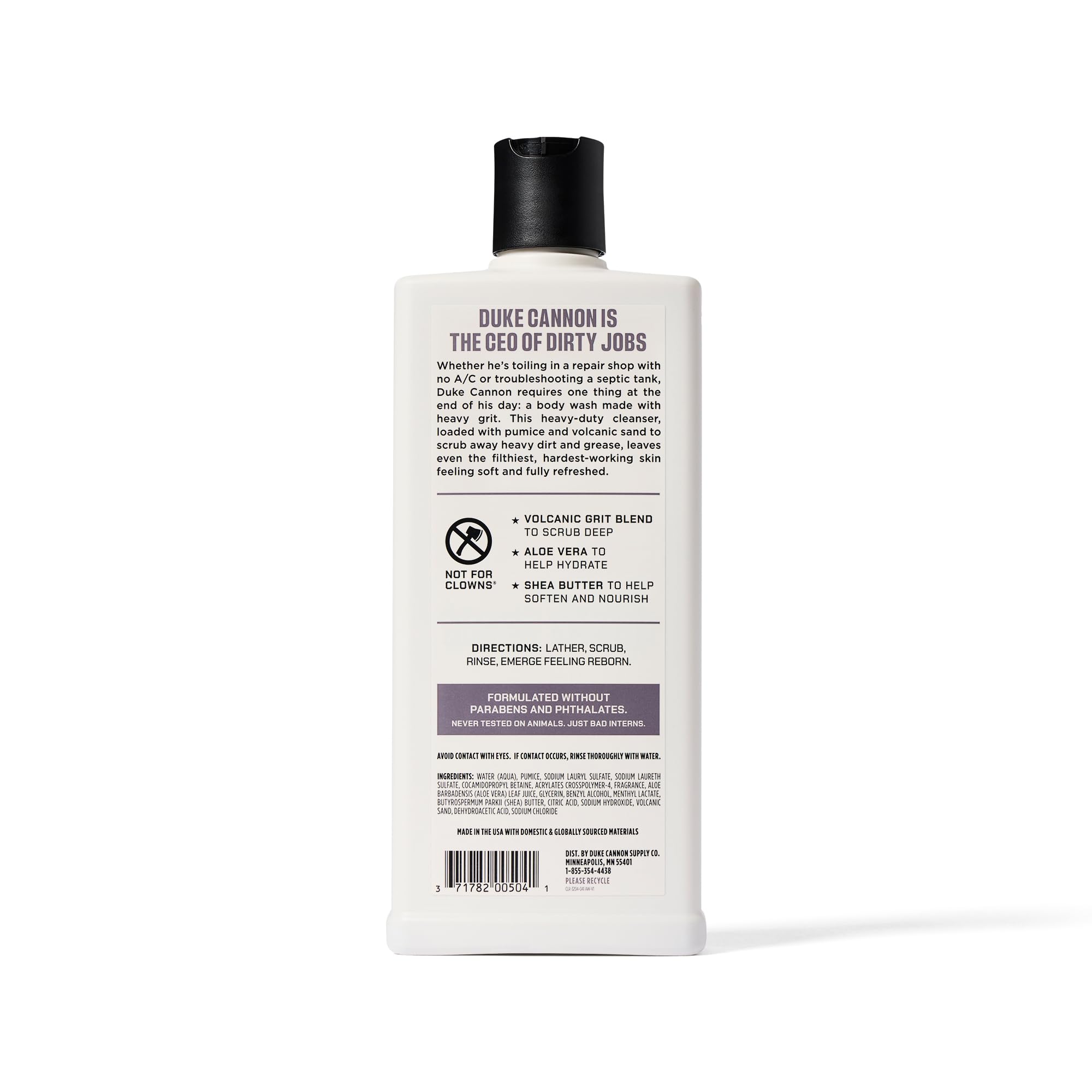 Duke Cannon Heavy Grit Body Wash branding label detail.