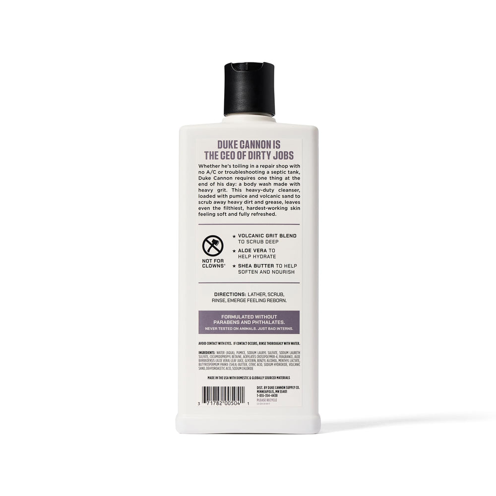 Duke Cannon Heavy Grit Body Wash branding label detail.