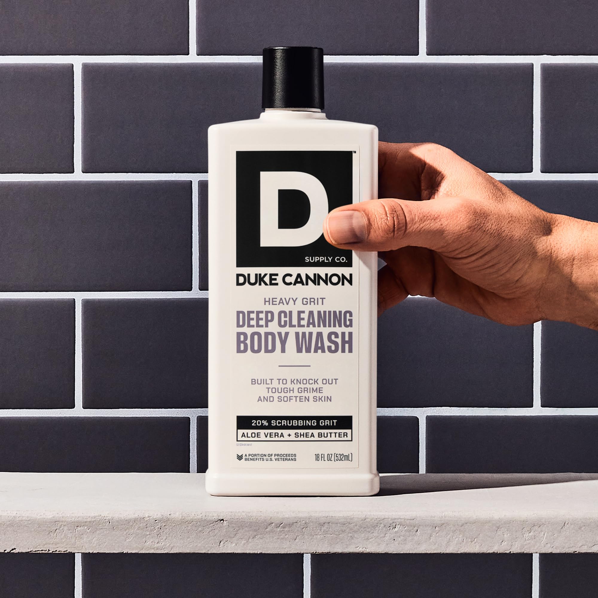 Duke Cannon Heavy Grit Body Wash closeup highlights citrus-pine-cedarwood scent.