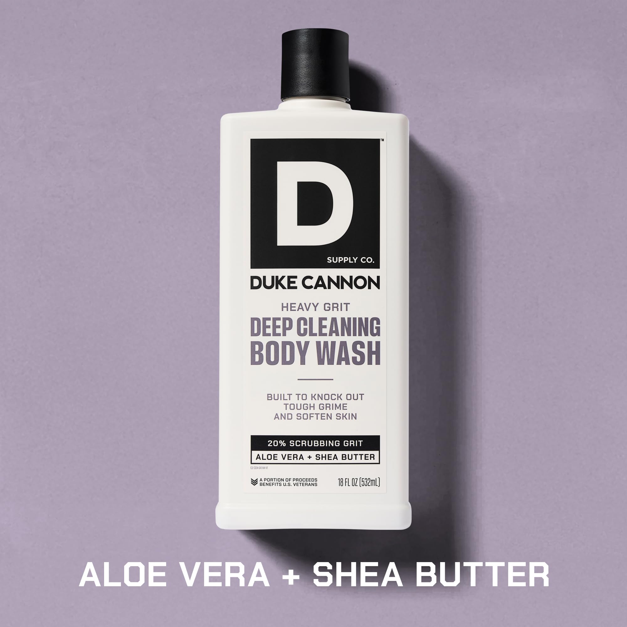 Duke Cannon Heavy Grit Body Wash foaming lather cleans tough grime.