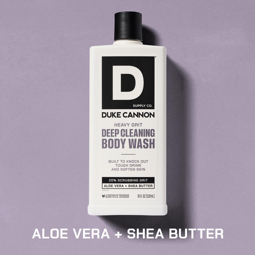 Duke Cannon Heavy Grit Body Wash foaming lather cleans tough grime.