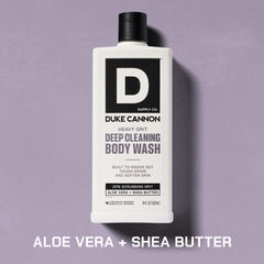 Duke Cannon Heavy Grit Body Wash foaming lather cleans tough grime.