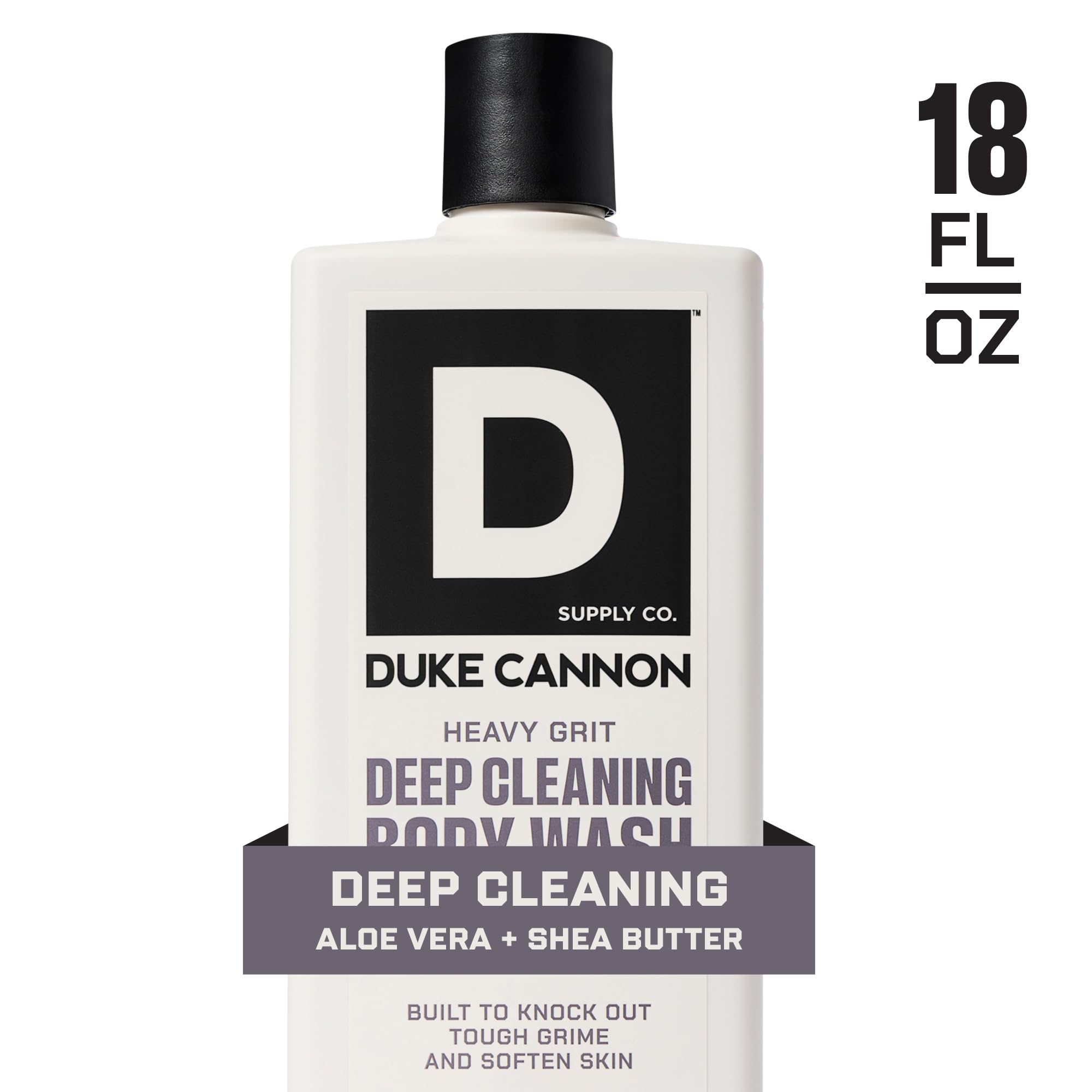 Duke Cannon Heavy Grit Body Wash bottle in shower for daily use.