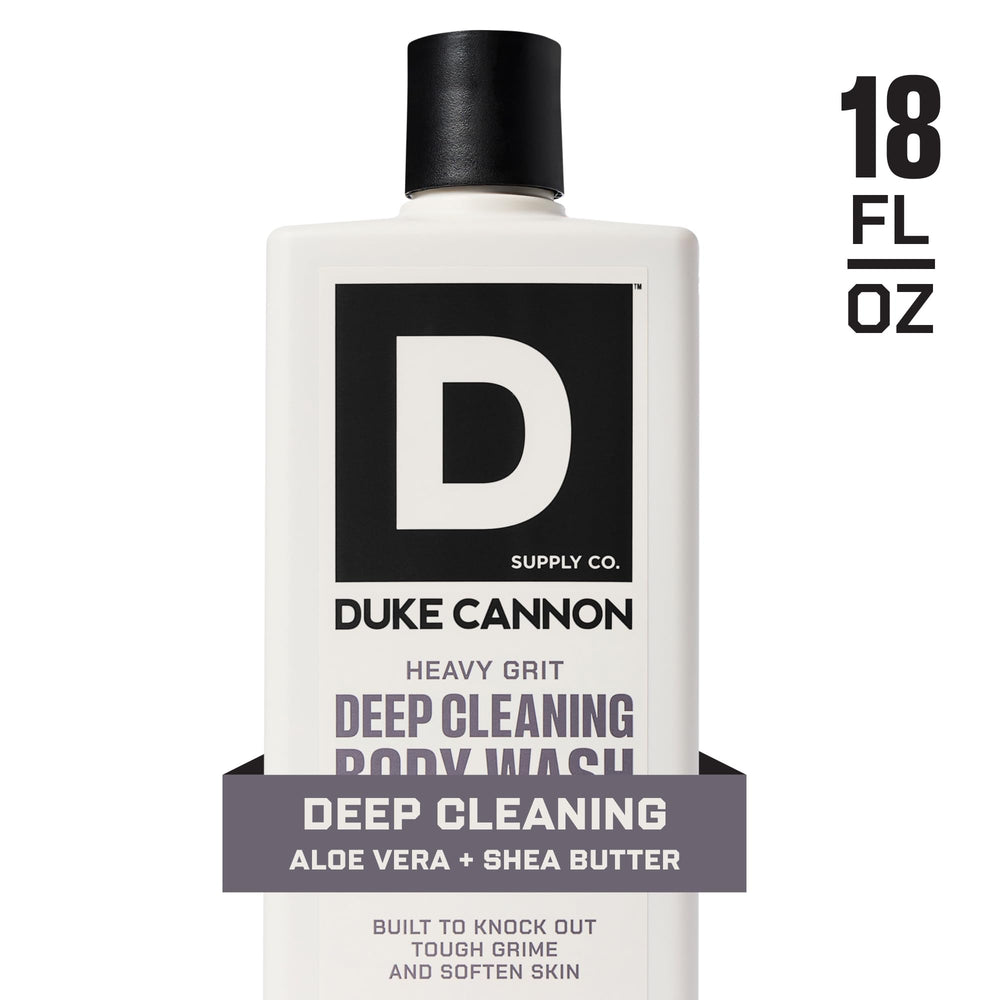 Duke Cannon Heavy Grit Body Wash bottle in shower for daily use.