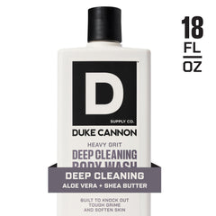 Duke Cannon Heavy Grit Body Wash bottle in shower for daily use.