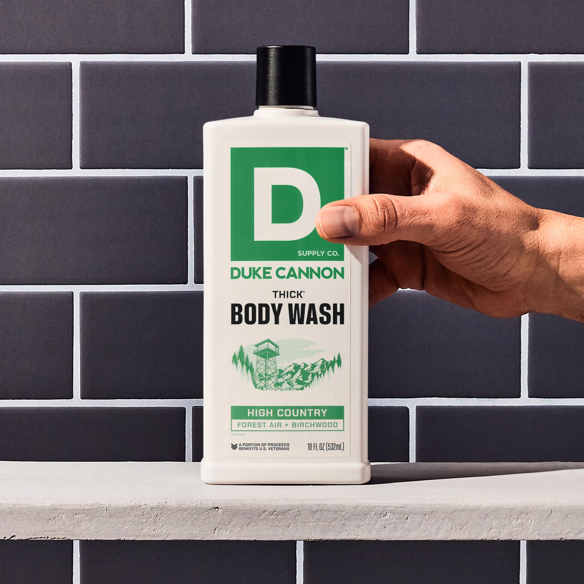 Duke Cannon High Country shower scene conveys a refreshing cleansing routine.