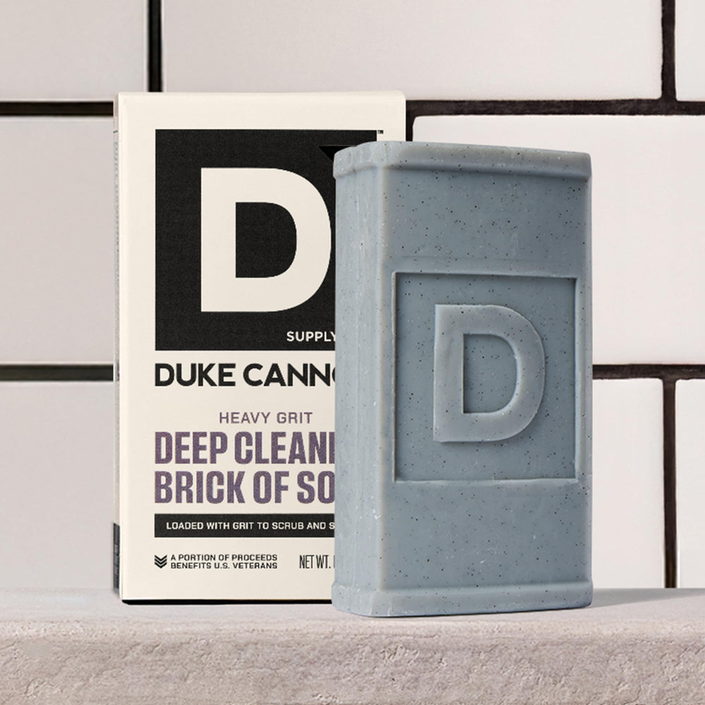 Duke Cannon Heavy Grit soap supports a veteran-focused mission.