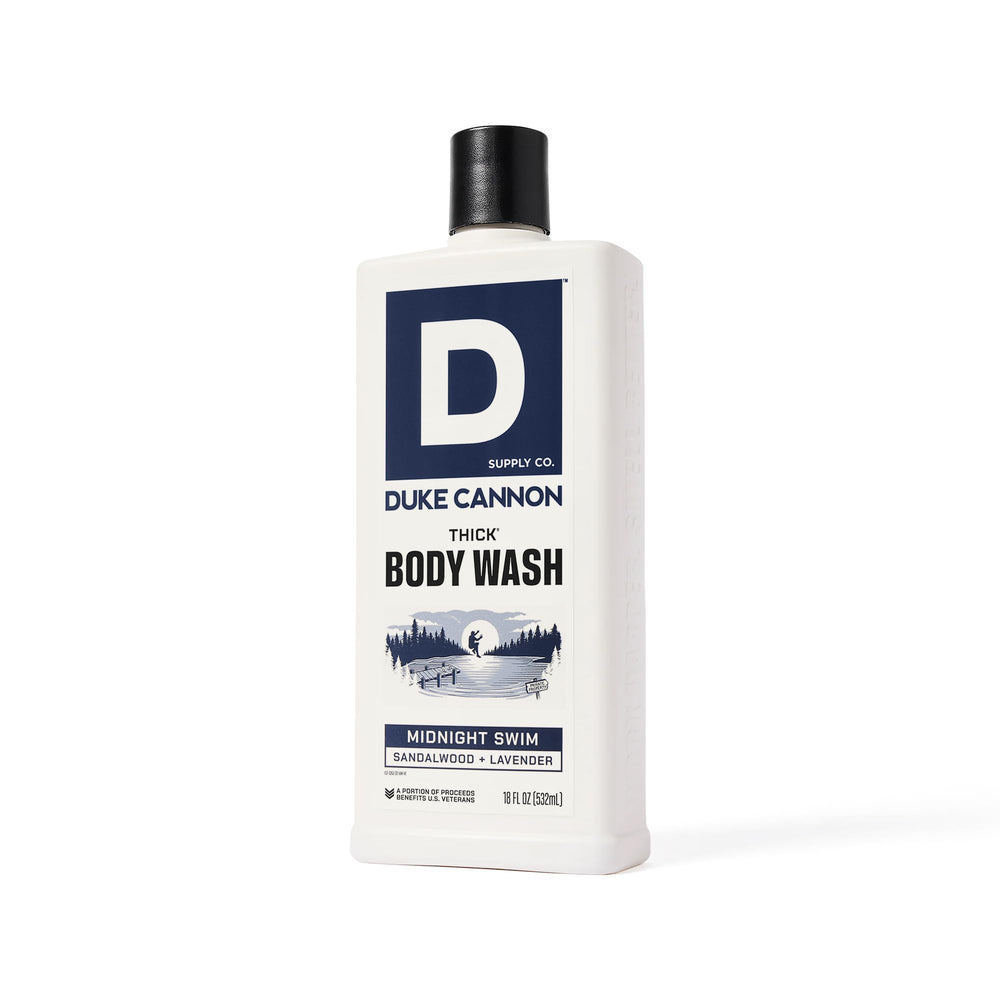 Duke Cannon Midnight Swim after-shower moisture for soft skin.
