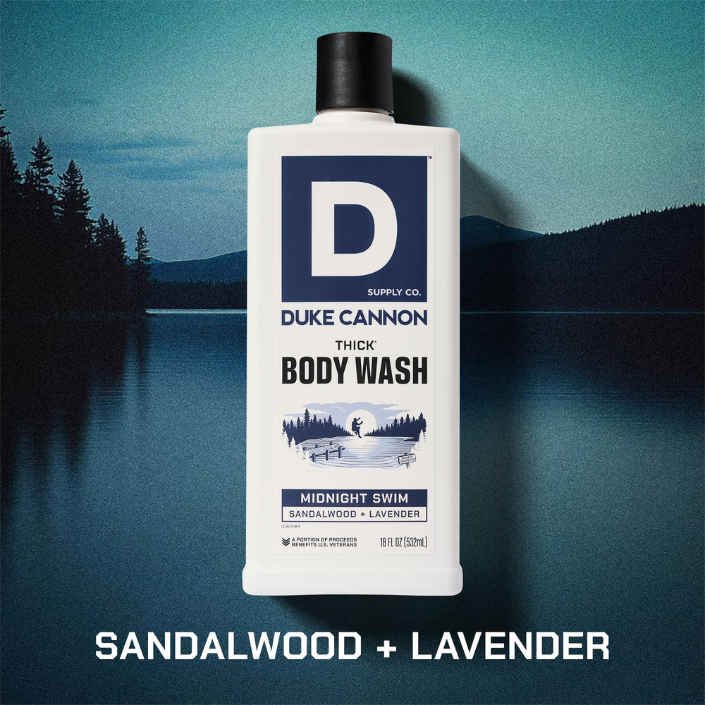 Duke Cannon Midnight Swim label closeup with mineral-enriched formula.