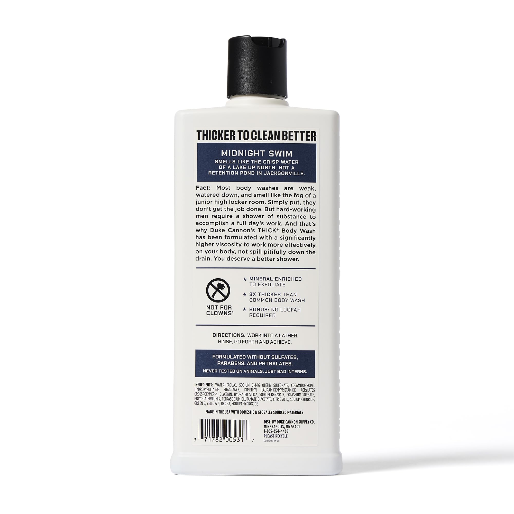 Duke Cannon mineral-enriched formula bottle beside outdoorsy backdrop signals durable protection.