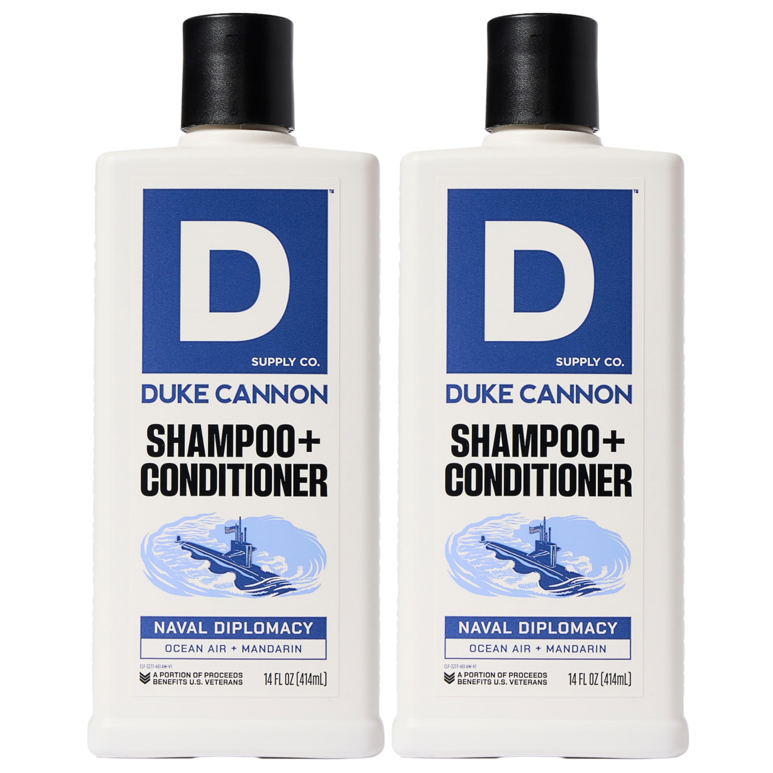 Duke Cannon Naval Diplomacy 2-in-1 bottle for daily cleansing and conditioning