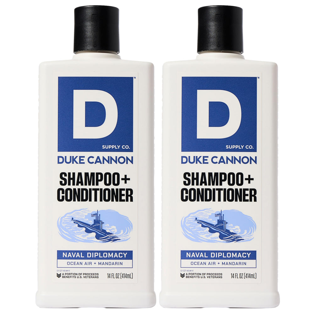 Duke Cannon Naval Diplomacy 2-in-1 bottle for daily cleansing and conditioning