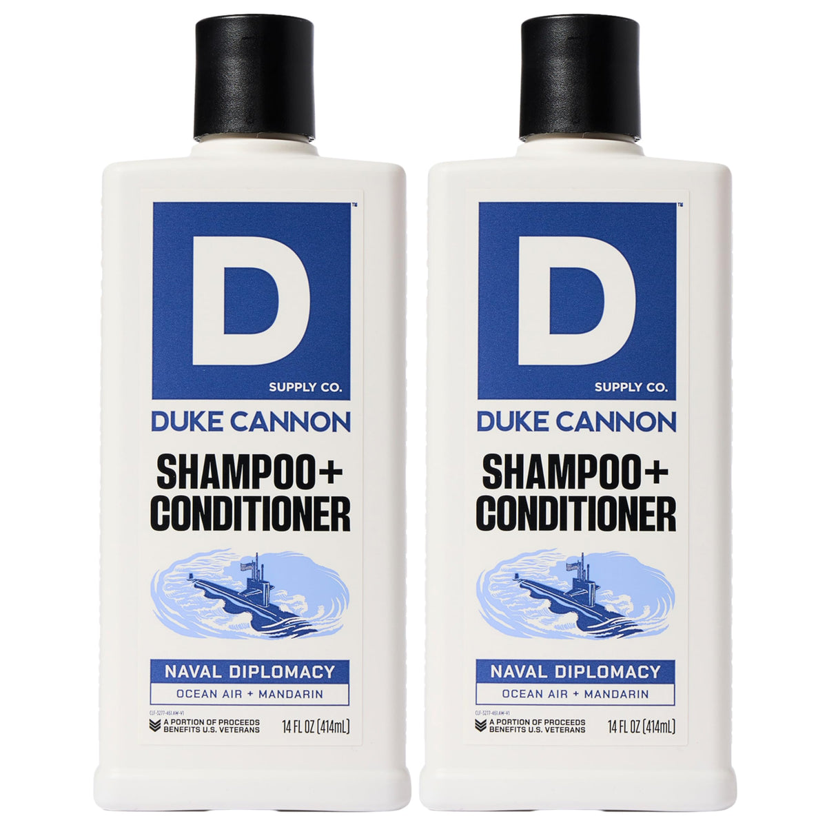 Duke Cannon Naval Diplomacy 2-in-1 bottle for daily cleansing and conditioning