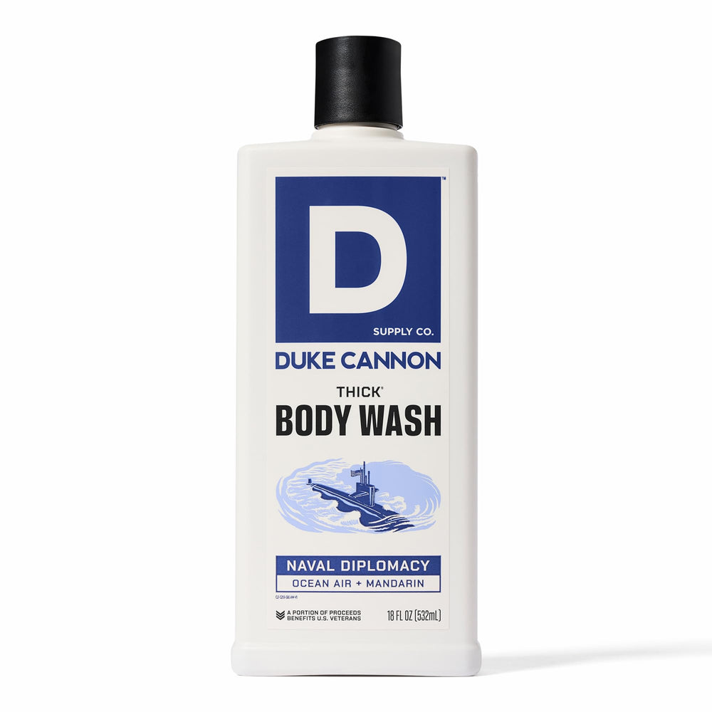 Duke Cannon Naval Diplomacy body wash bottle with thick formula for daily cleansing and invigorating scent