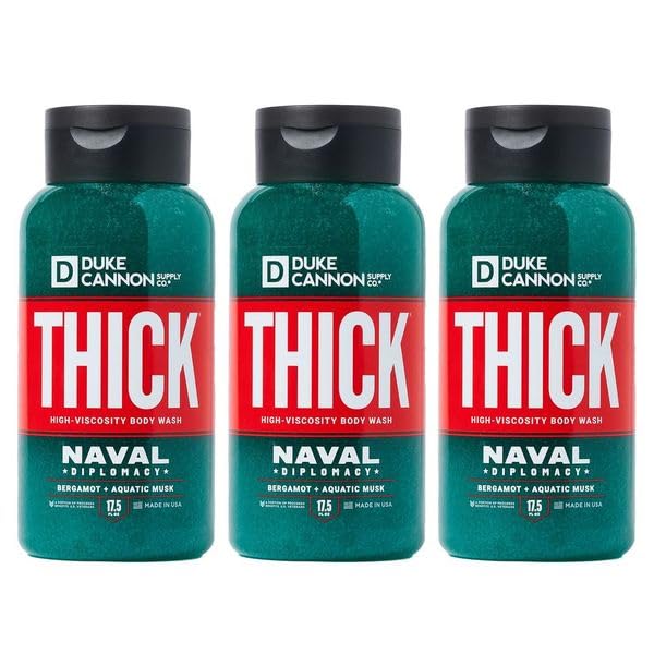 Duke Cannon Naval Diplomacy body wash bottle close-up highlighting a premium cleanse