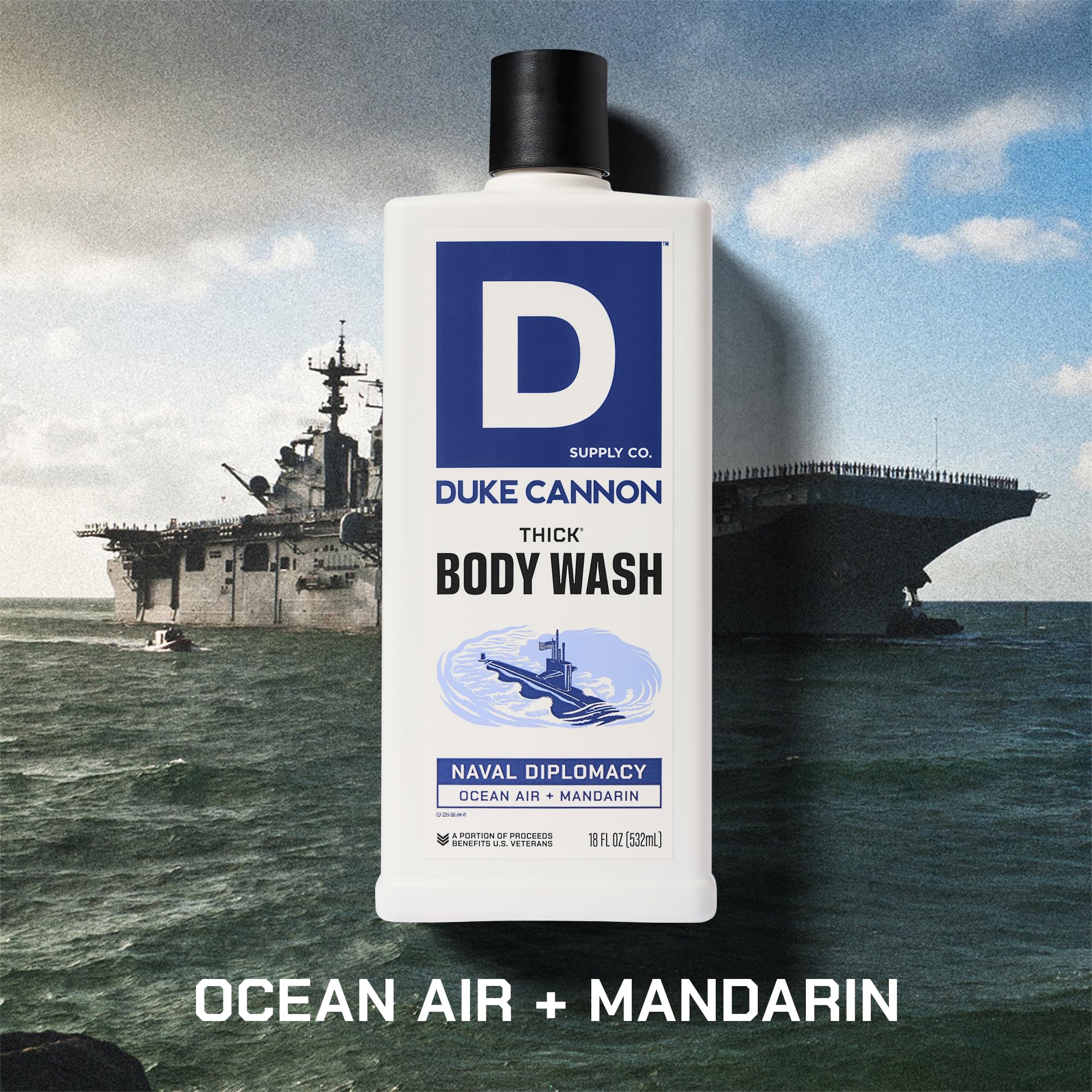 Duke Cannon Naval Diplomacy bottle close-up highlights citrus musk and cedarwood notes