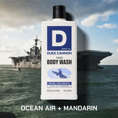 Duke Cannon Naval Diplomacy bottle close-up highlights citrus musk and cedarwood notes