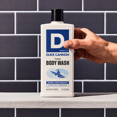 Duke Cannon Naval Diplomacy label detail emphasizes USA-made values and rugged grooming quality