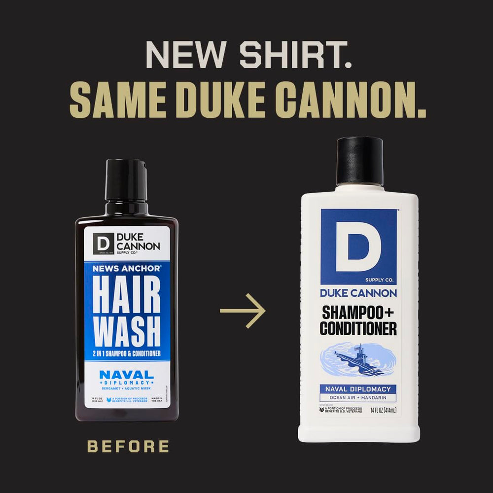 Duke Cannon Naval Diplomacy shampoo bottle with bold maritime aroma for a confident routine
