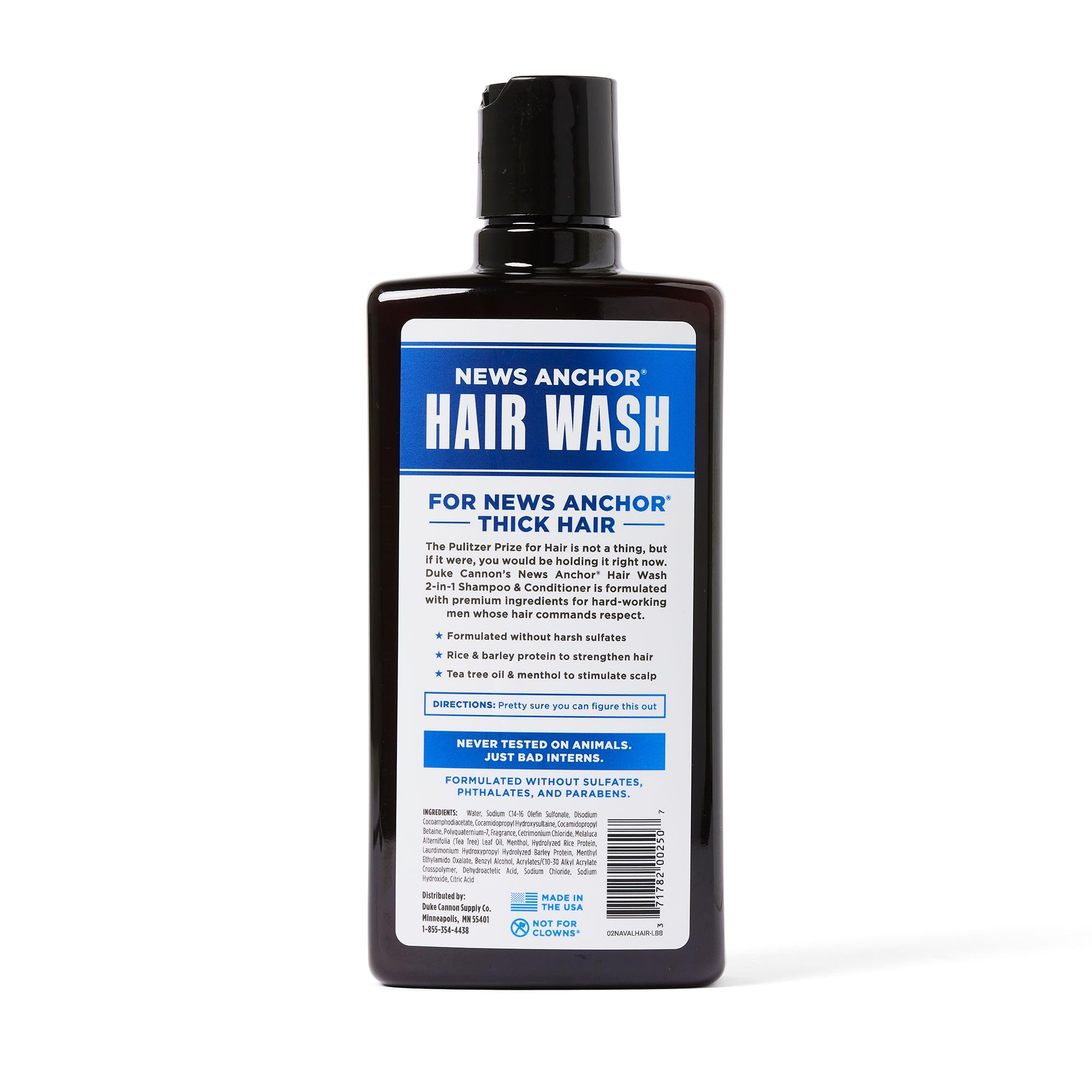 Duke Cannon News Anchor 2-in-1 Hair Wash Naval Diplomacy bottle closeup reveals detangled, manageable hair