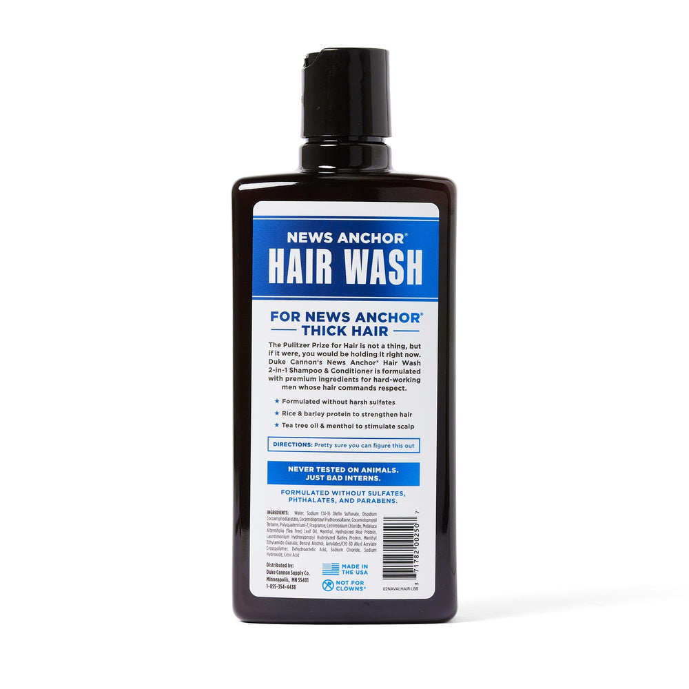 Duke Cannon News Anchor 2-in-1 Hair Wash Naval Diplomacy bottle closeup reveals detangled, manageable hair