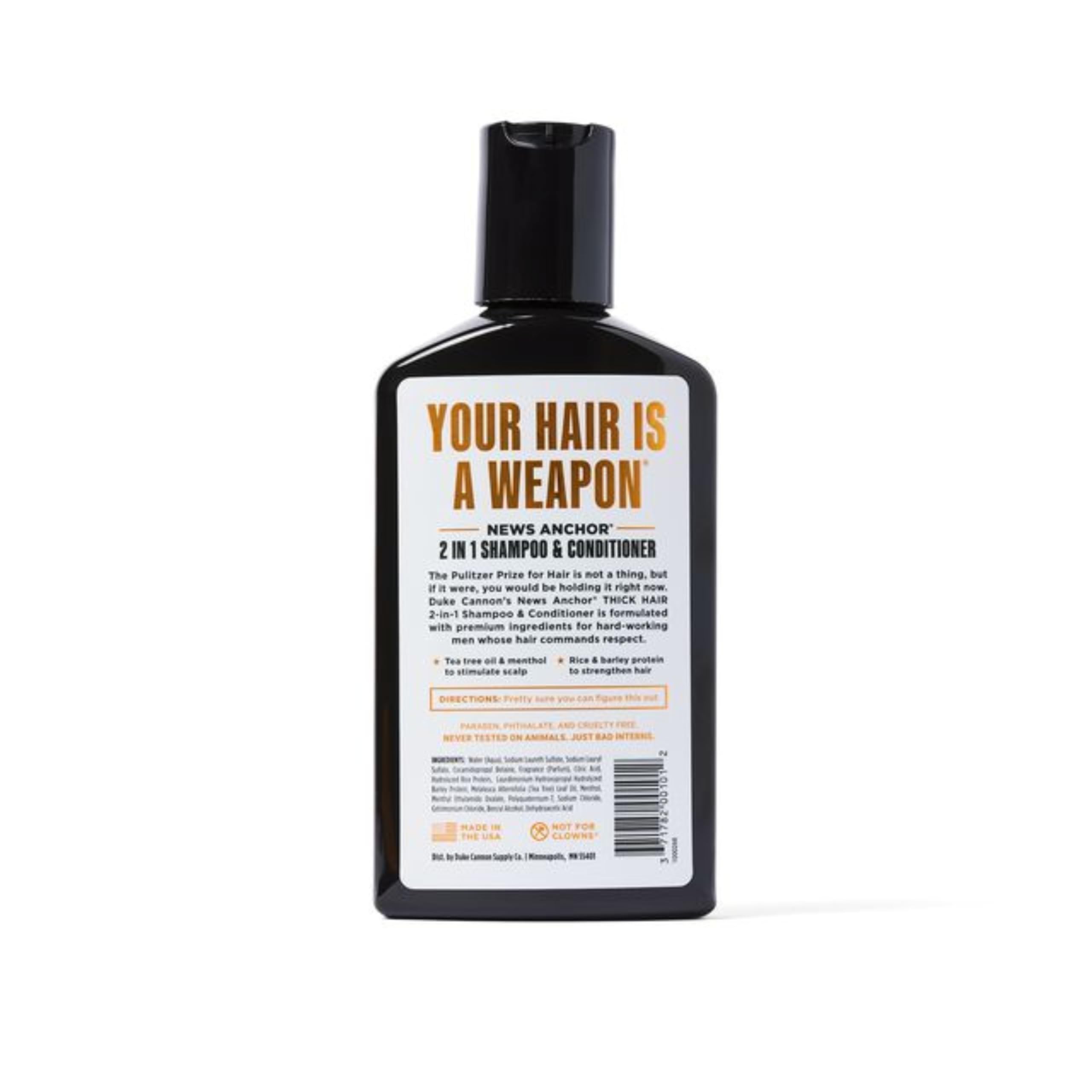 Duke Cannon News Anchor two-pack image showing convenient 2-in-1 hair wash for streamlined care