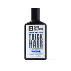 Duke Cannon News Anchor Hair Wash bottle front with bergamot-musk scent for refreshed hair.
