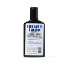 Duke Cannon News Anchor Hair Wash label graphic highlights 2-in-1 cleansing.