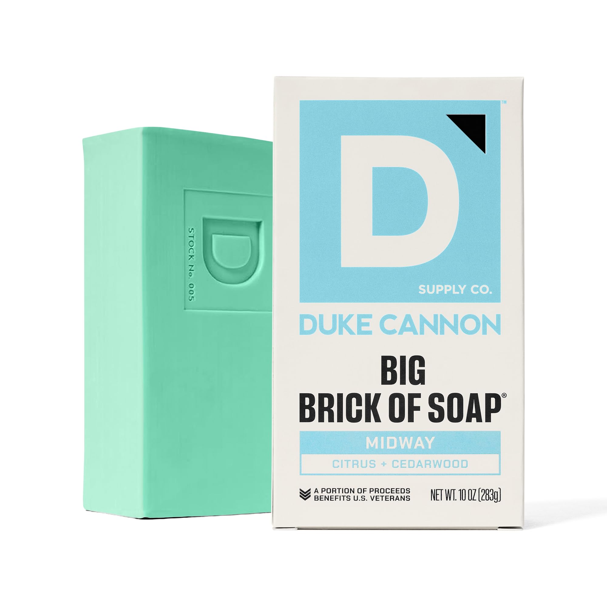 Duke Cannon packaging shows a durable brick design ideal for travel or gym bags.
