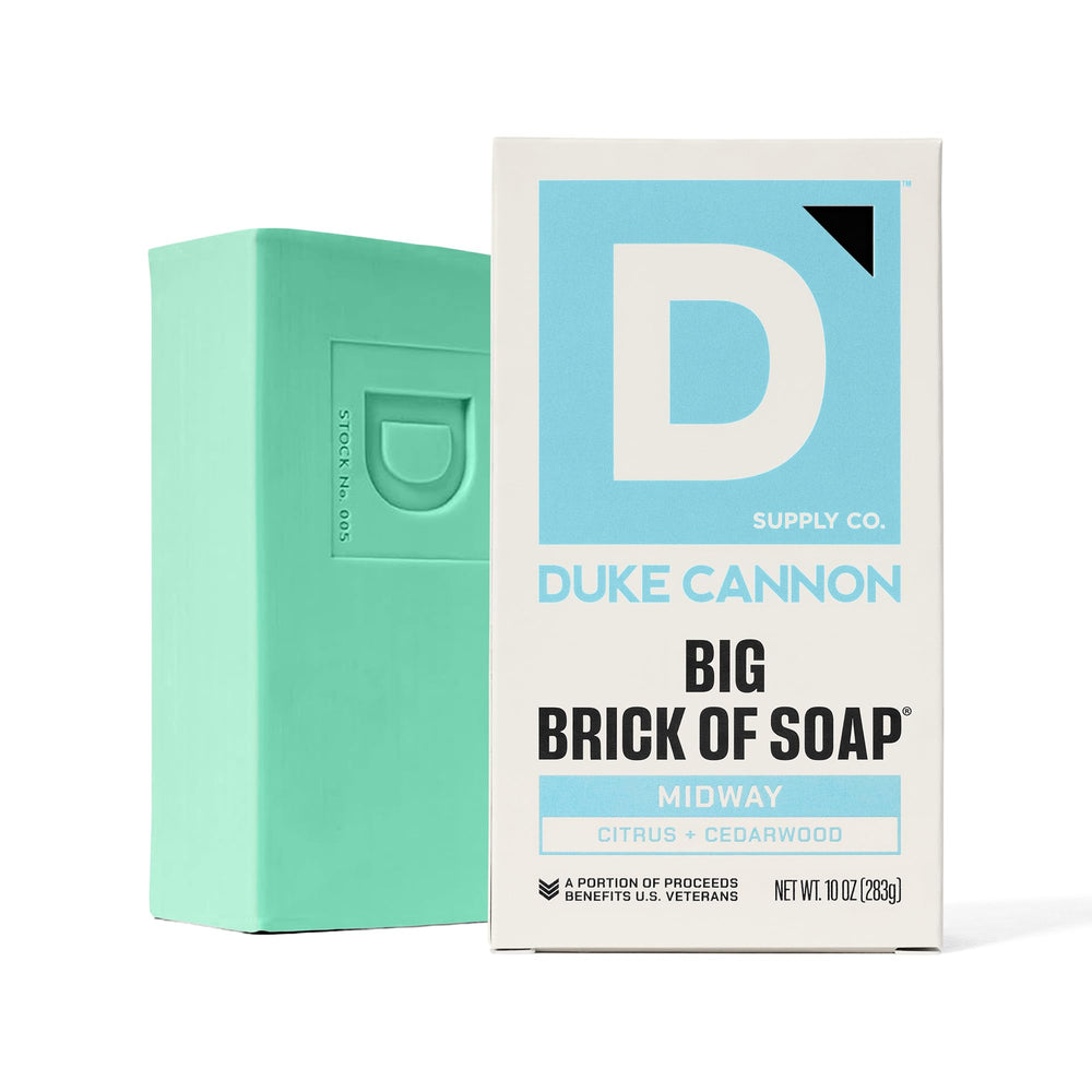 Duke Cannon packaging shows a durable brick design ideal for travel or gym bags.