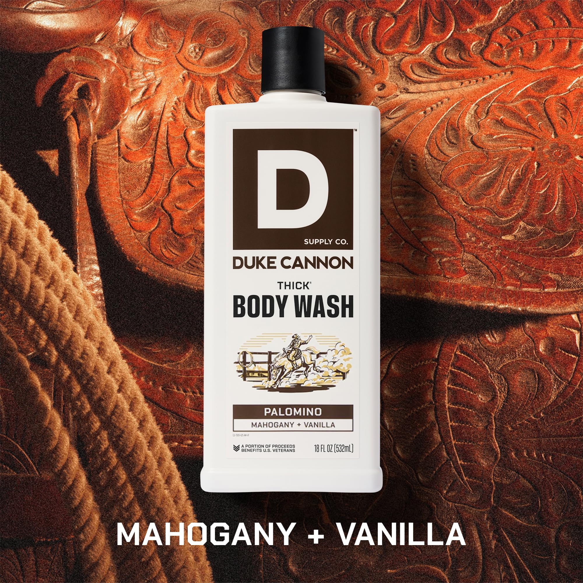 Three-pack bottles of Duke Cannon Palomino body wash displayed for extended use.