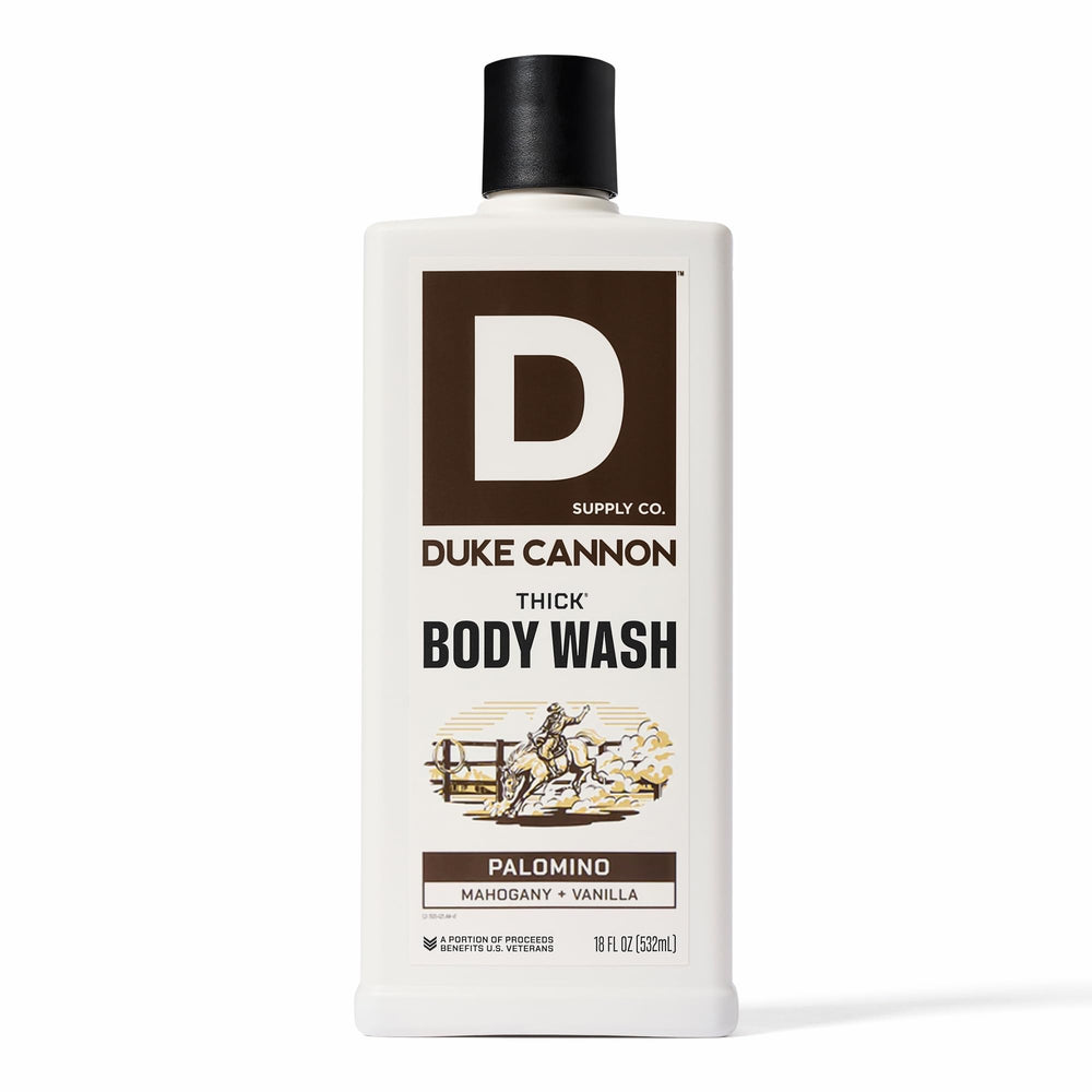 Duke Cannon Palomino thick body wash pour reveals rich lather for deep cleansing.