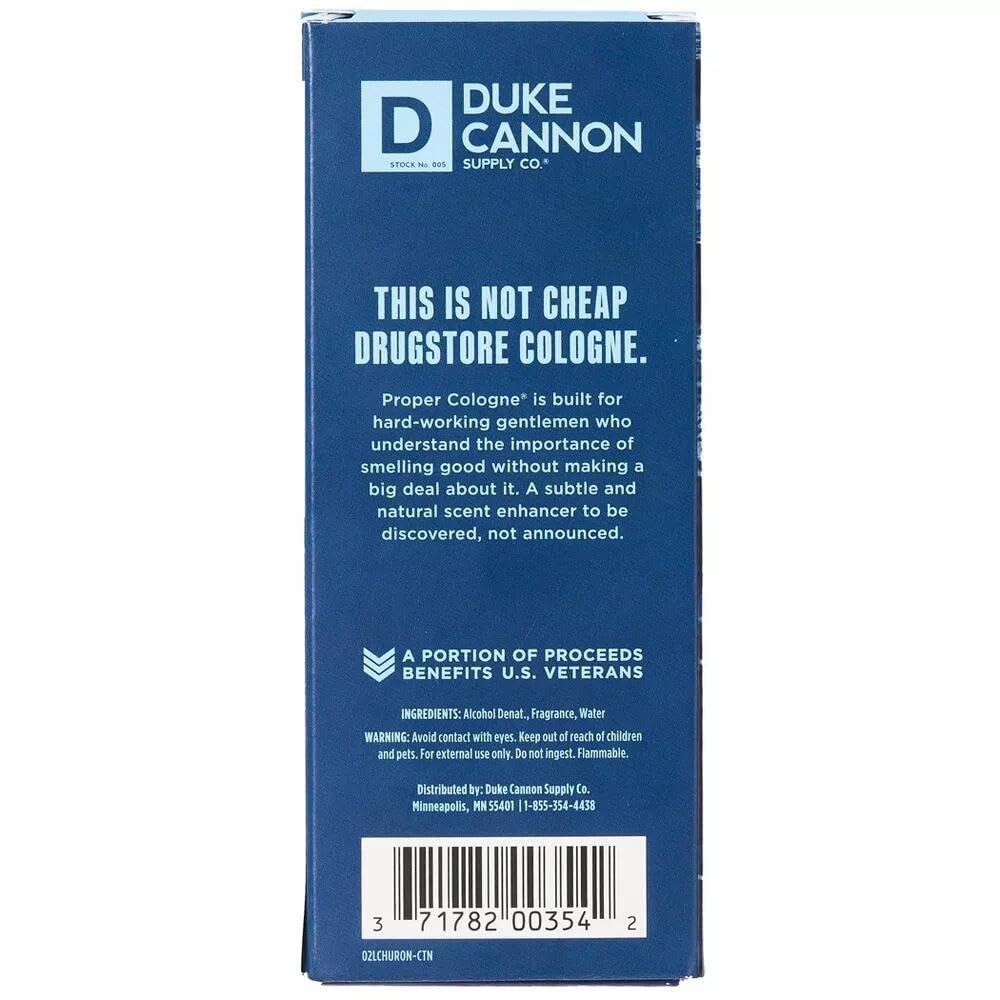 Duke Cannon Proper Cologne Huron apothecary glass emphasizes premium grooming.