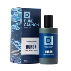 Duke Cannon Proper Cologne Huron bottle front shows clean, aquatic freshness for daily wear.